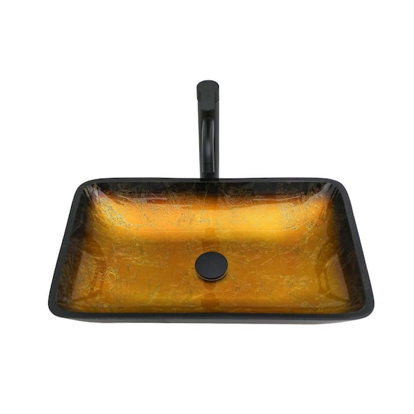 22.25 in. Amber Gold Gradient Tempered Glass Vessel Sink-Square Above-Counter Bowl with Pop-up Drain (No Faucet)