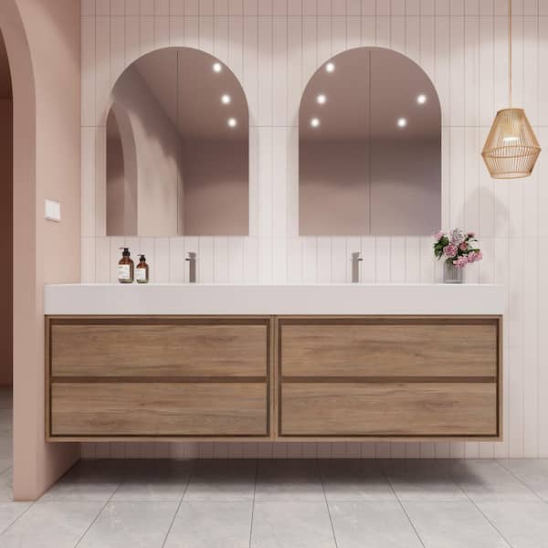 Saggie 84 in. W x 20 in. D x 28 in. H Double Sink Floating Bath Double Vanity in White Oak with White Acrylic Top