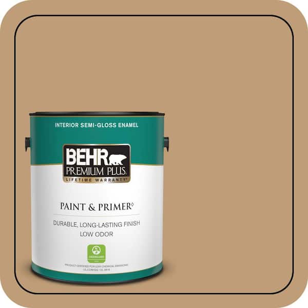 BEHR PREMIUM PLUS 1 gal. #300F-4 Almond Toast Semi-Gloss Enamel Low Odor Interior Paint & Primer