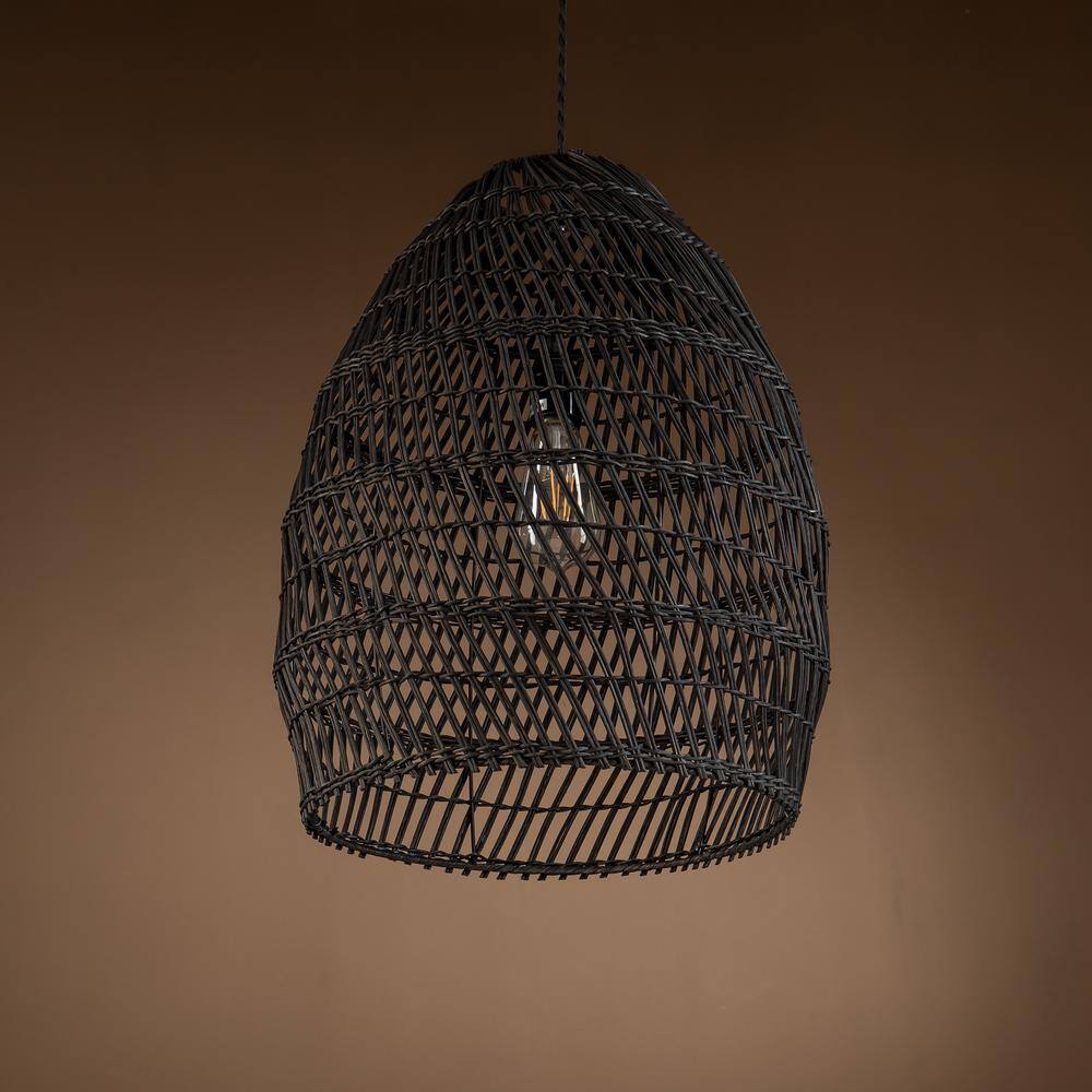 Veremund 15.7" Black Bamboo and Rattan Bell Pendant Light