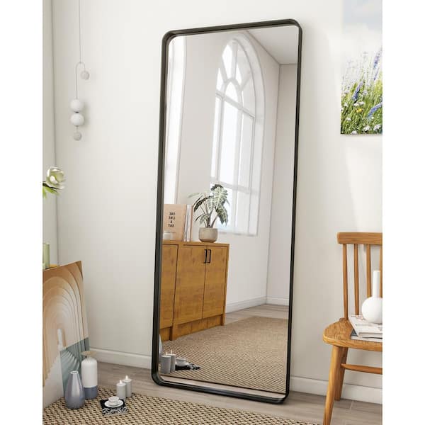 XRAMFY 30 in. W x 71 in. H Modern Rectangular Aluminum Deep Framed Black Rounded Floor Mirror Full Length Mirror