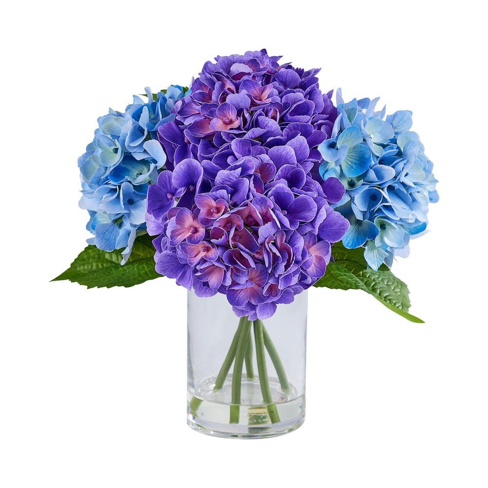 Faux Series 13in. Violet Blue Indoor Artificial Silk Hydrangea Bouquets with Stems for Home Table Decor in Glass Vase