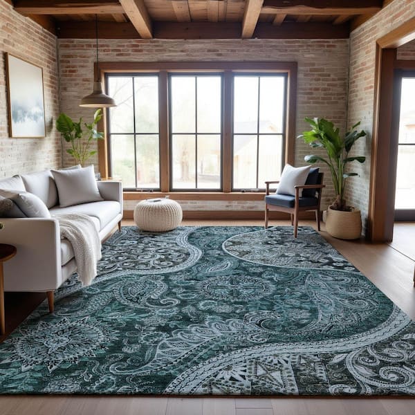 Mayfield Premium Machine Washable Abstract AMF1078 Teal 5 ft. x 7 ft. 6 in. Area Rug