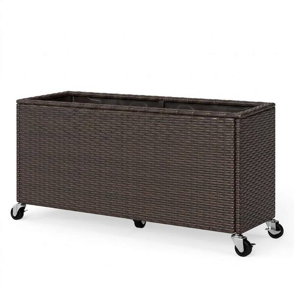 Mixed Brown PE Rattan Wicker Raised Garden Bed with Wheels and Liner (38 in. L x 12 in. W x 14 in. H)