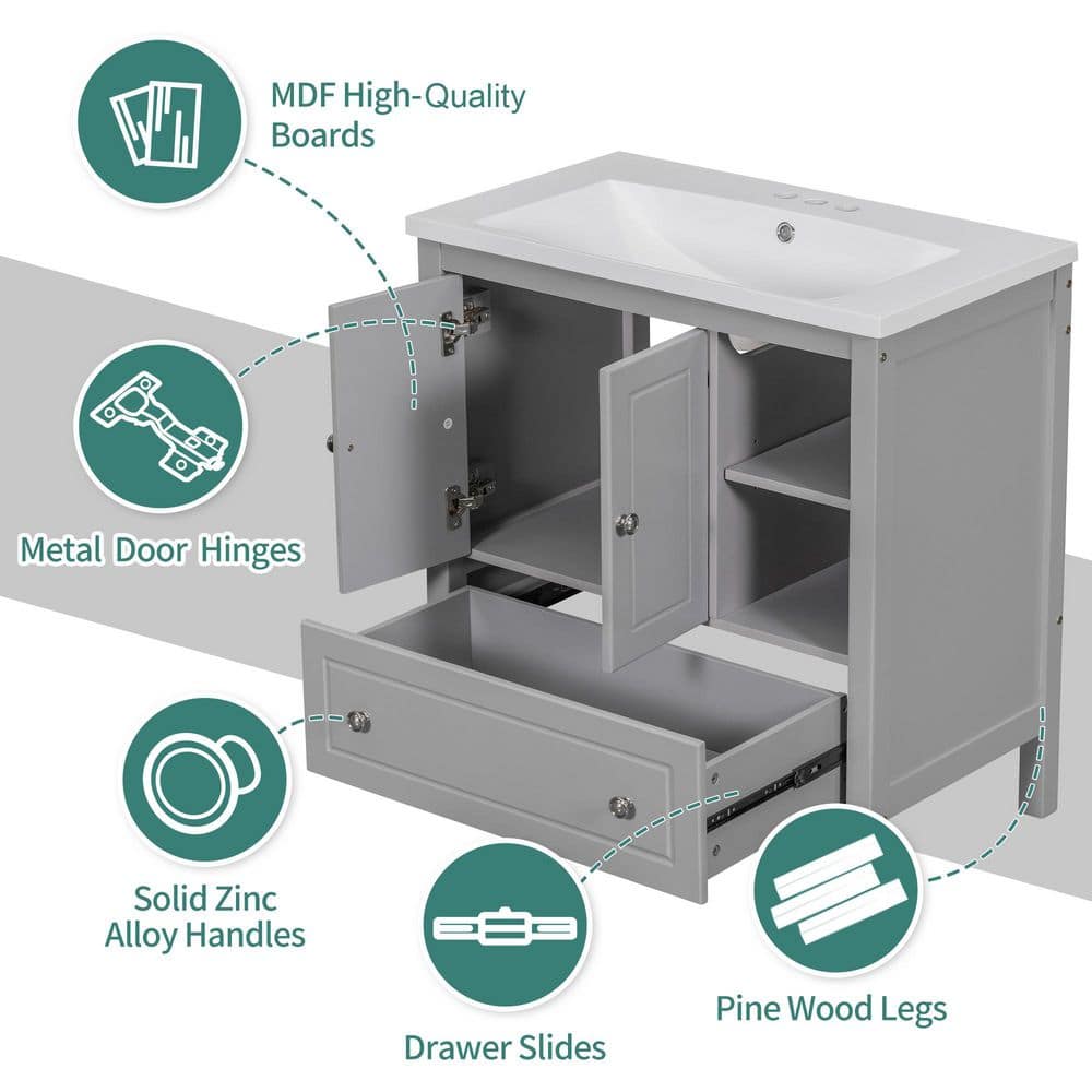 30" Gray Solid Wood Freestanding Bathroom Vanity with Drawer