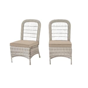 Beacon Park Gray Wicker Outdoor Patio Armless Dining Chair with CushionGuard Putty Tan Cushions (2-Pack)