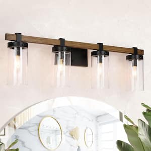 Industrial 29 in. 4-Light Black Vanity Light with Seeded Glass Shades and Faux Pine Wood Accents