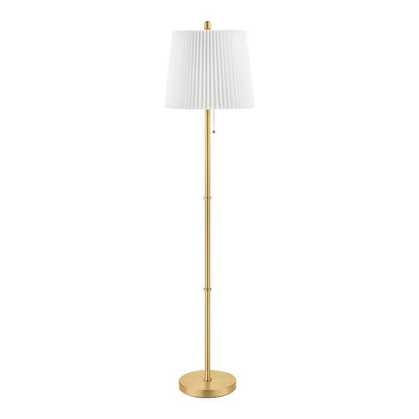 Hampton Bay Trevedi 60 in. Steel Aged Brass Standard Indoor Floor Lamp with White Fabric Shade