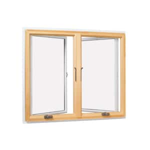 40-3/4 in. x 40-13/16 in. 400 Series White Clad Wood Double Casement Window with Low-E Glass, Pine Int and Stone Hdw