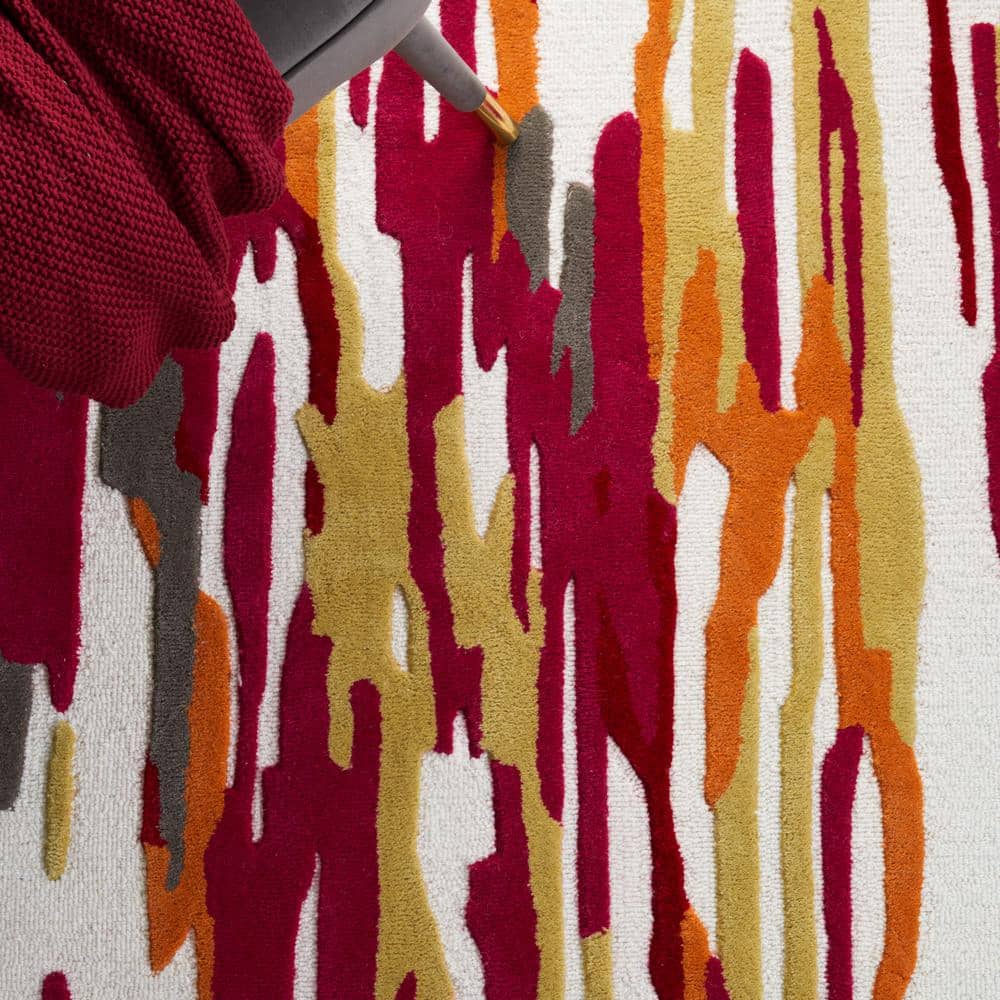 Ivory and Red Hand-Tufted Wool Runner Rug