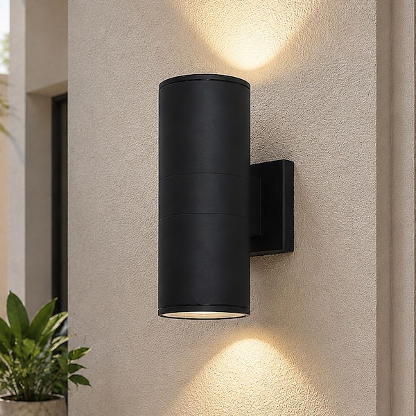 Modern 12 in. Black Hardwired Cylinder Outdoor Wall Lantern Sconce, Up and Down Lighting for Front Porch, Garage, Patio