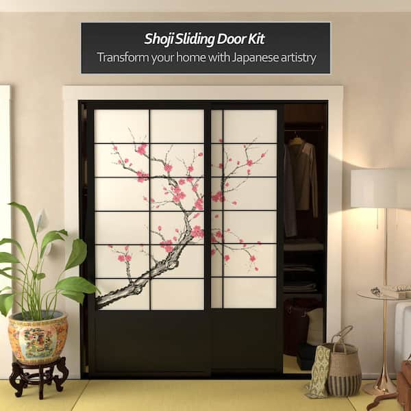 Red Lantern 7 ft. Black Cherry Blossom 2-Panel Sliding Door DOOR