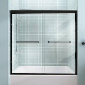 60 in. W. x 58 in. H Semi-Frameless Sliding Tub Door Alcove Bathtub Shower Door in Matte Black 1/4 in. with Clear Glass