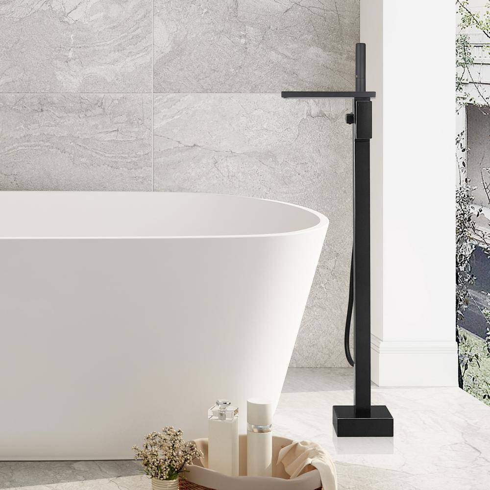 Matte Black Solid Brass Freestanding Tub Faucet with Hand Shower