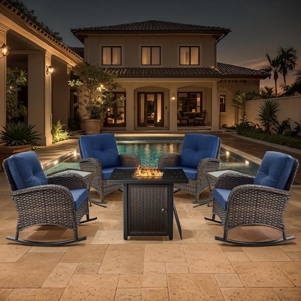 Brown 7-Piece Wicker Patio Fire Pit Set, Outdoor 4-Person Seating Set with Olefin Navy Blue Cushions and Rocking Chairs