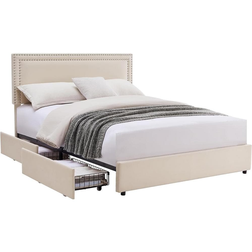 Beige Velvet Upholstered Queen Platform Bed with Storage Drawers