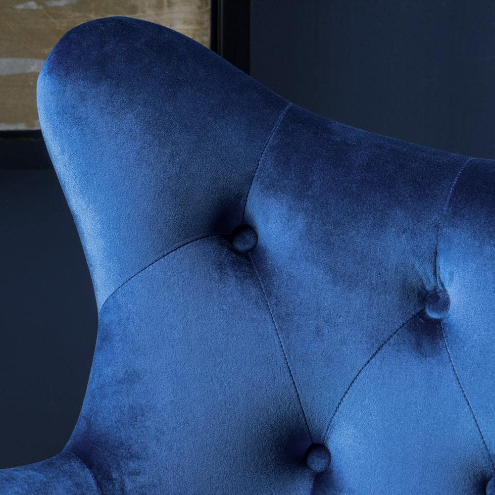 Handcrafted Navy Spot Velvet Wood Accent Chair with Slope Arm