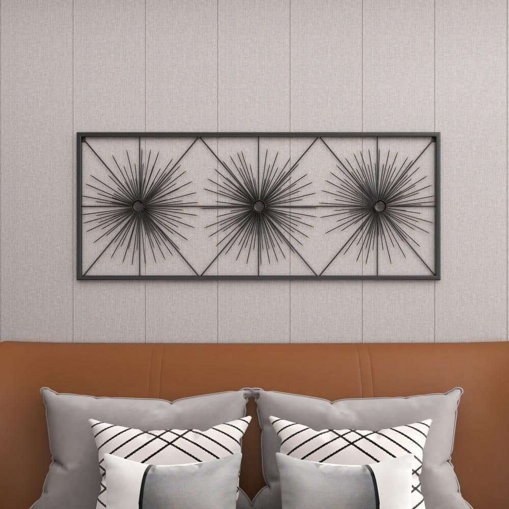 Black Metal Starburst Wall Sculpture with Frame, 59" x 24"