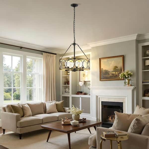 Emeritpro 6 Light Ring Matte Black and Gold Chandelier with Drum