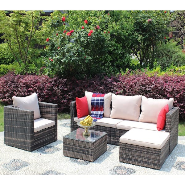 Zeus & Ruta 4-Piece Brown Wicker Outdoor Conversation Set Sectional Sofa with Beige Thick Cushions and Coffee Table for Porch