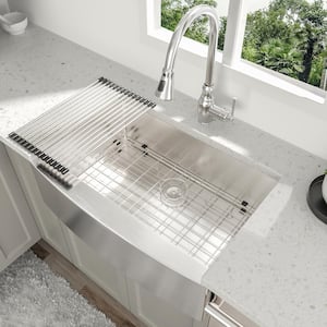 30 in. Farmhouse/Apron-Front Single Bowl 16 Gauge Brushed Nickel Stainless Steel Kitchen Sink with Bottom Grids