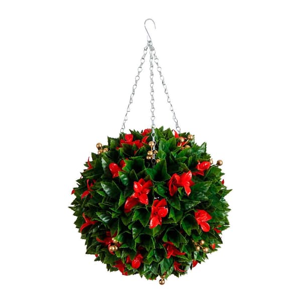15 in. UV Resistant Artificial Red Tip Photinia Christmas Hanging Ball with Gold Berries (Indoor/Outdoor)