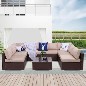 Black 9-Piece Patio PE Wicker Set, Outdoor Patio Sectional Conversation Sofa Set and Glass Table with Beige Cushions