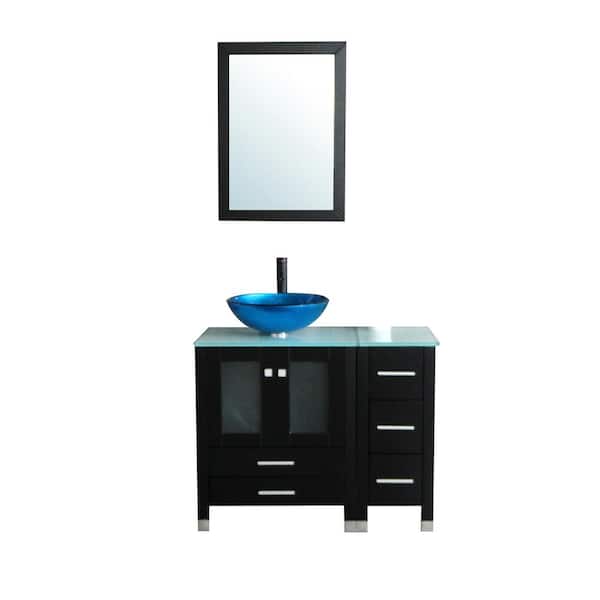 Wonline 36 in. W x 21.3 in. D x 29.1 in. H Single Sink Bath Vanity in Black with Glass Top and Mirror