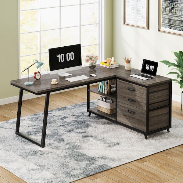 BYBLIGHT Lanita 53.1 in.  Reversible L Shaped Desk Gray Engineered Wood 3-Drawer Computer Desk with Storage Shelves