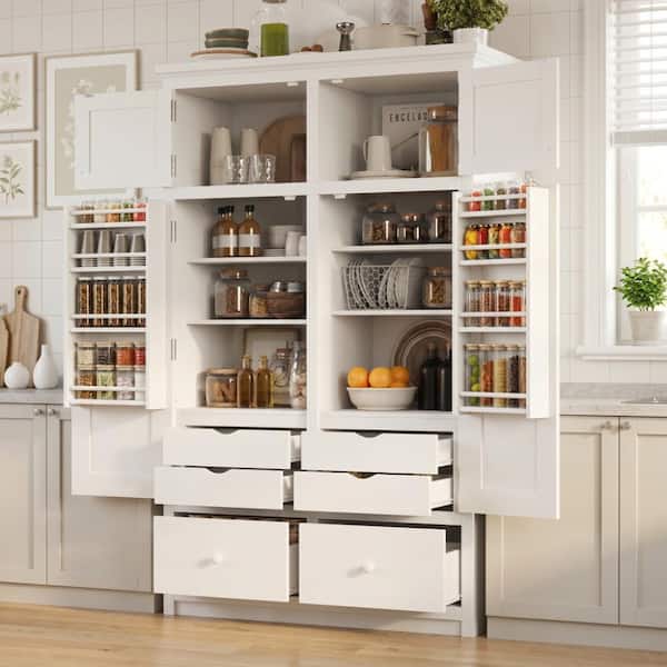 74.8"  White Freestanding Kitchen Pantry with 8 Door Shelves, 4 Pull-out Trays, 6 Drawers for Dining Room