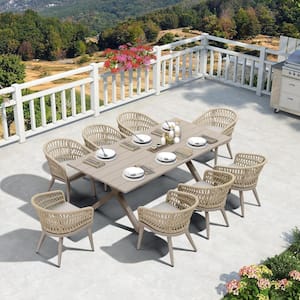 9-Piece Aluminum All-Weather PE Rattan Rectangular Outdoor Dining Set with Cushion, Champagne