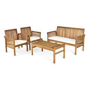 4-Piece Acacia Wood Outdoor Conversation Set with White Cushions