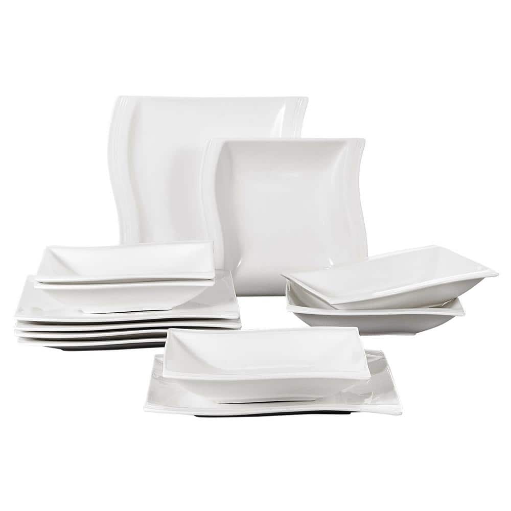 MALACASA Ivory White Dinnerware Sets, 60-Piece Square Dish Set  for 12, Porcelain Dishes with Dinner Plates, Dessert Plates and Soup Plates,  Cups and Saucers, Modern Dinnerware Oven Safe, Series Flora