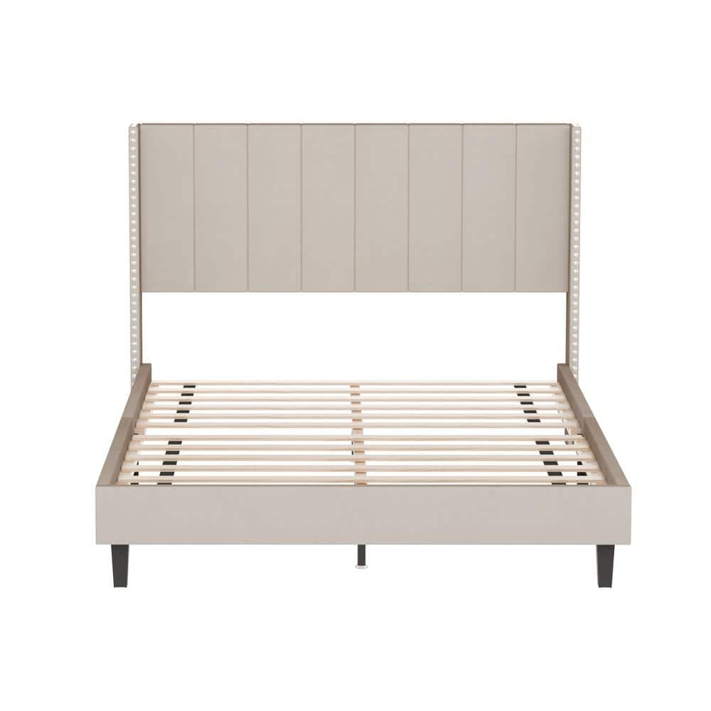 Beige Wood Frame Queen Velvet Upholstered Platform Bed With Headboard 