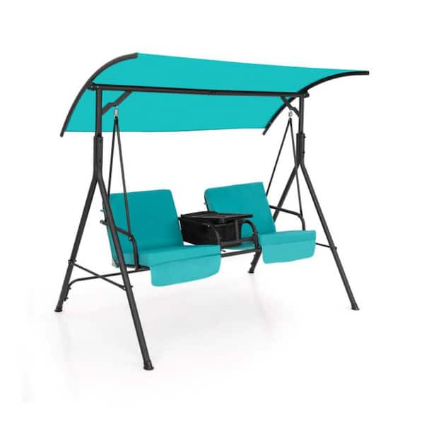 2-Person Black Metal Patio Swing Chair with Adjustable Canopy and Cushion in Green