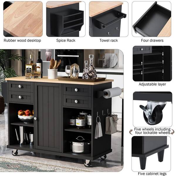 Zeus & Ruta Zeus Black Kitchen Island Cart with Wood Top and Open Storage  Microwave Oven Cabinet ZeusKCI01BK - The Home Depot