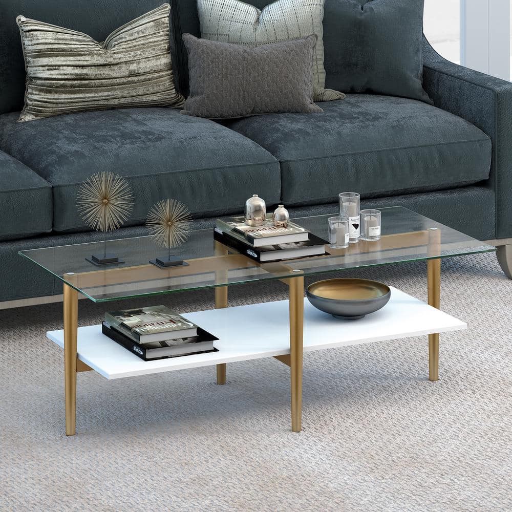 Mid-Century 47" Brass and White Lacquer Coffee Table with Glass Top