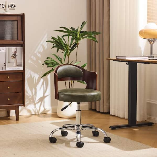 Waxy Faux Leather Fabric Curved Wood Backrest Adjustable High Swivel Task Chair in Olive Green with Armless