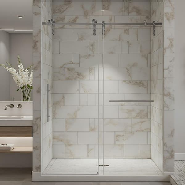 56-60 in. W x 76 in. H Frameless Single Sliding Shower Door with 5/16 in. Clear Glass, Stainless Steel, Brushed Nickel