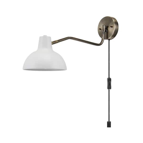 Globe Electric Elon 1-Light Matte White and Antique Brass Plug-In or Hardwire Wall Sconce LED Bulb Included