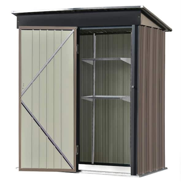 Clihome Brown 3 ft. W x 5 ft. D Metal Garden Shed Patio Lean-to Storage Shed with Adjustable Shelf, Tool Cabinet (14.4 sq. ft.)