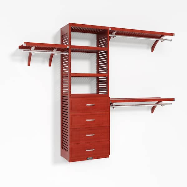 72 in. W - 120 in. W Red Mahogany Walk in with 4 Drawers 16 in. Shelf Wood Closet System