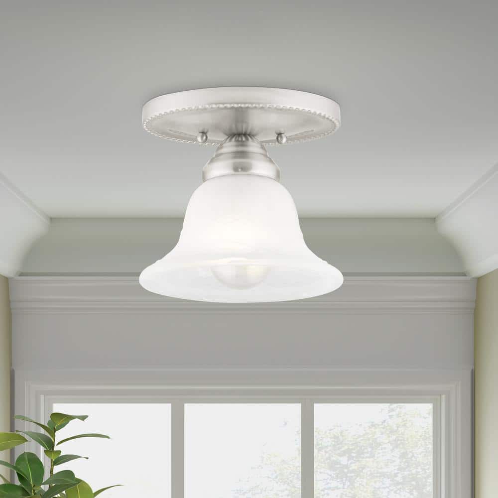 Edgemont Traditional Brushed Nickel Flush Mount with White Alabaster Glass