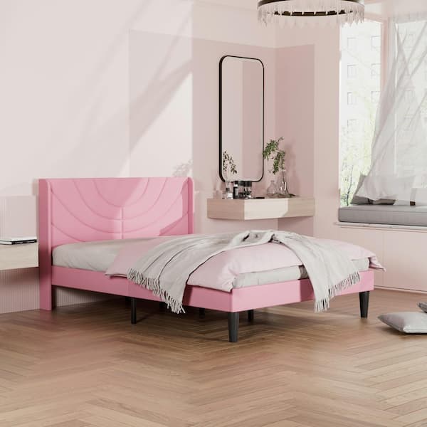 VECELO Upholstered Bed Pink Metal Frame Full Platform Bed