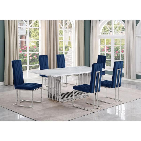 Best Quality Furniture Lisa 7-Piece Rectangle White Marble Top Stainless Steel Base Dining Set With 6-Navy Blue Velvet Chrome Iron Leg Chairs
