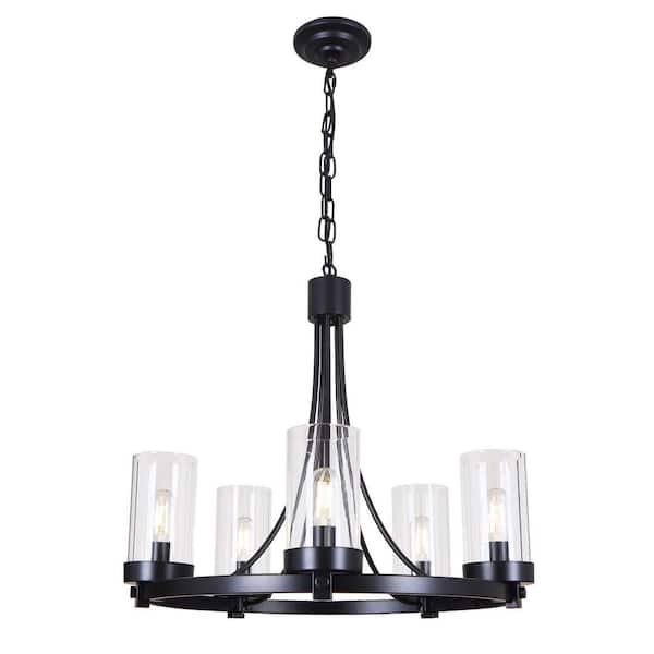 OUKANING 25.59 in. 5-Light Black Vintage Wagon Wheel Chandelier for Kitchen Island with No Bulbs Included