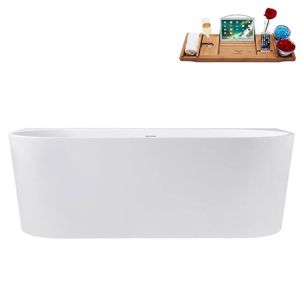 Streamline 67 in. x 32 in. Acrylic Freestanding Soaking Bathtub in Glossy White with Brushed Gold Drain, Bamboo Tray