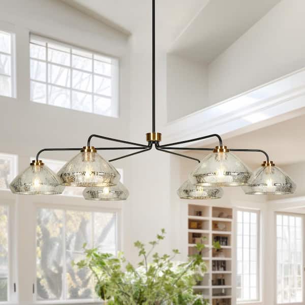 Modern Farmhouse 51.2 in. 6-Light Matte Black and Brass Island Chandelier with Barn Mercury Glass Shade for Dining Room