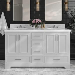 Stafford 61 in. W x 22 in. D x 36 in. H Double Sink Freestanding Bath Vanity in Grey with Carrara White Marble Top