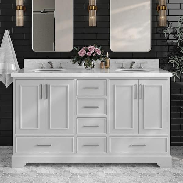 ARIEL Stafford 61 in. W x 22 in. D x 36 in. H Double Sink Freestanding Bath Vanity in Grey with Carrara White Marble Top